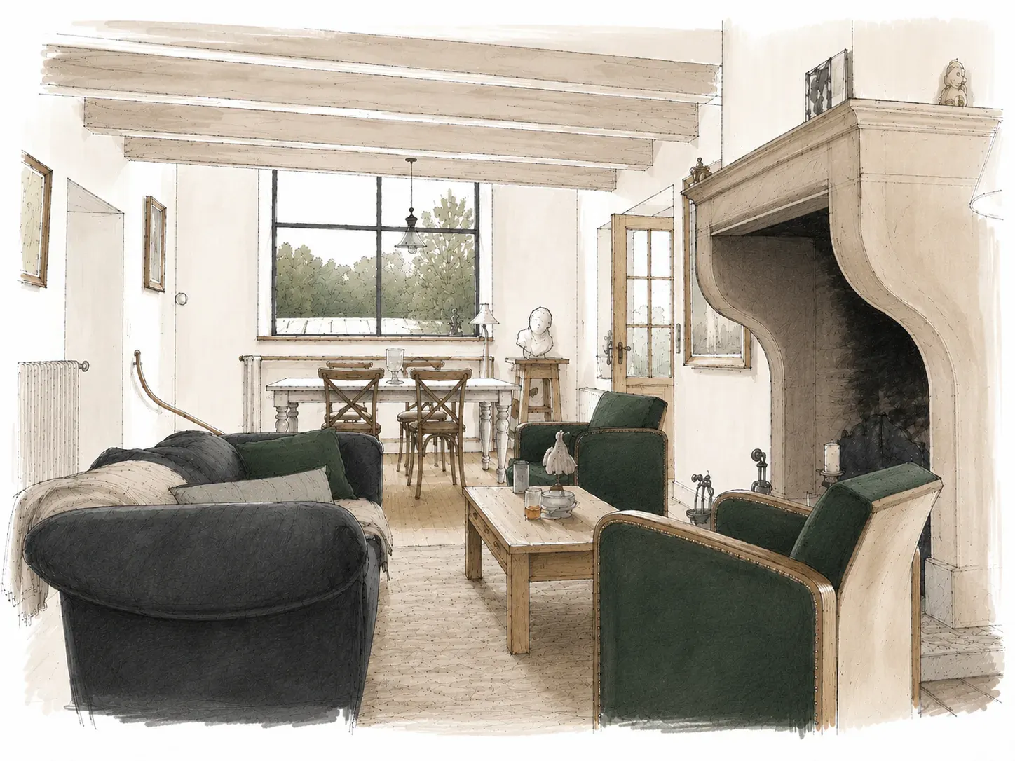 Illustration d'un salon : canapé et fauteuils verts autour d'une cheminée, baie vitrée ouverte sur la végétation